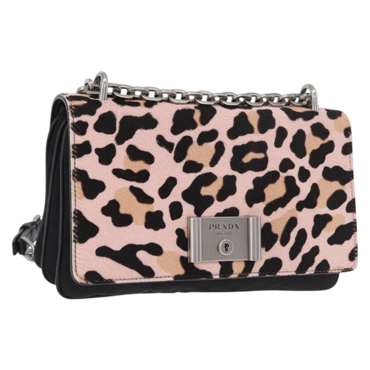 PRADA Chain Shoulder Bag Unborn Calf Skin Pink Silver Auth 181937A