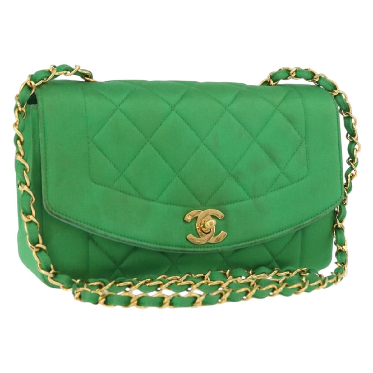 CHANEL Diana 23 Matelasse Chain Shoulder Bag Satin Green Gold CC Auth 181942SM