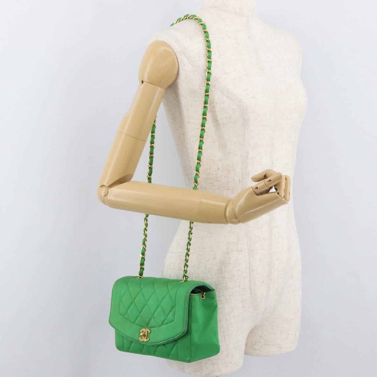 CHANEL Diana 23 Matelasse Chain Shoulder Bag Satin Green Gold CC Auth 181942SM