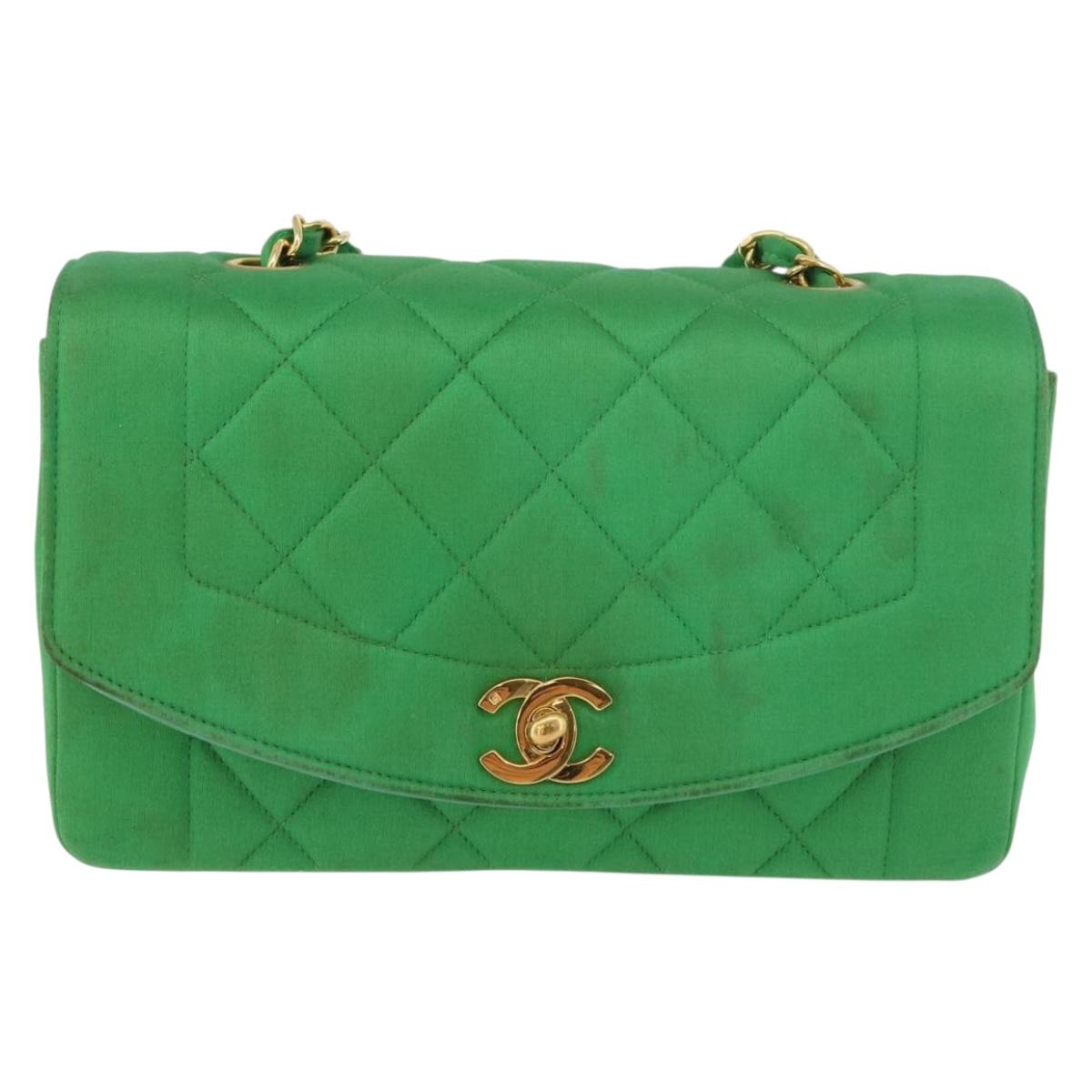 CHANEL Diana 23 Matelasse Chain Shoulder Bag Satin Green Gold CC Auth 181942SM
