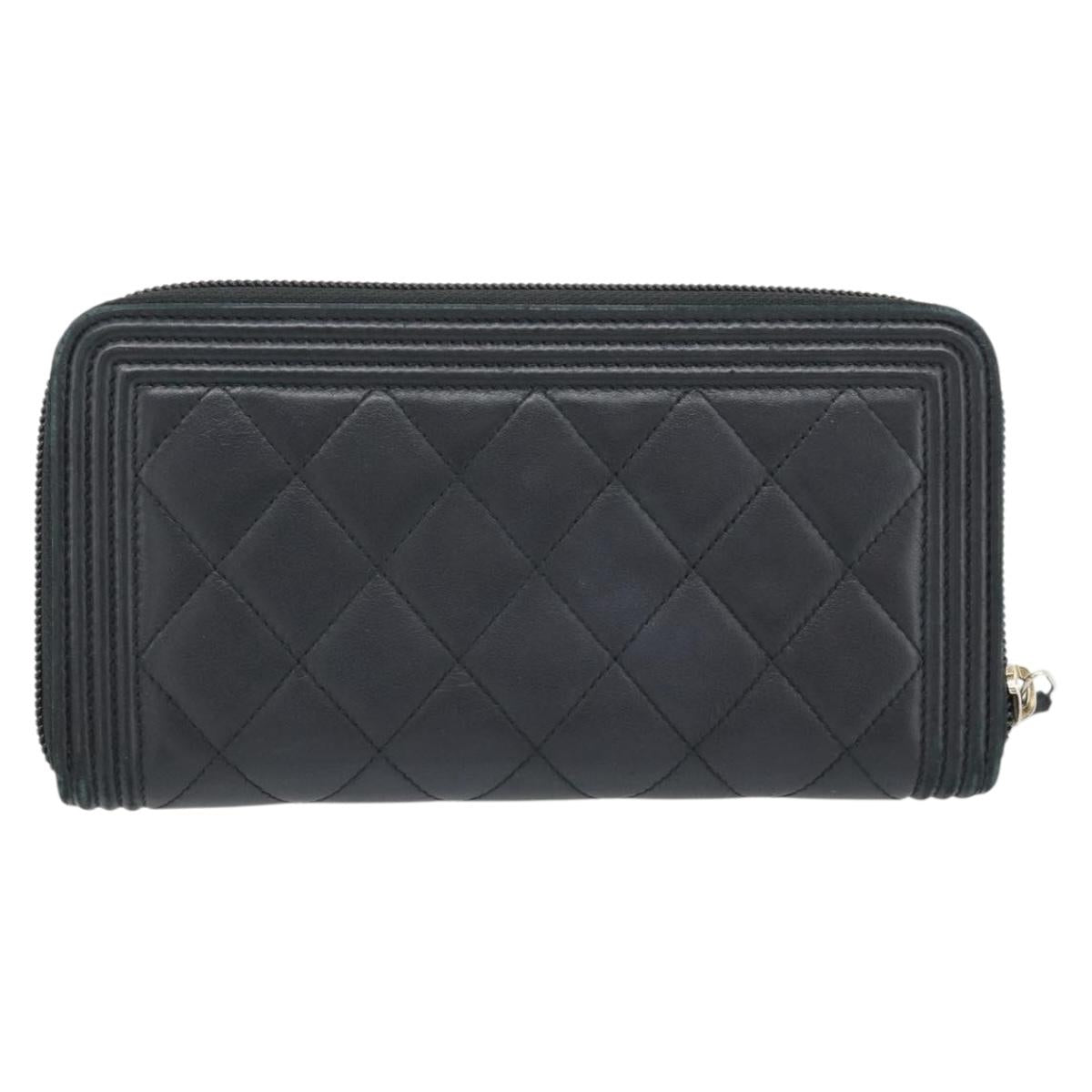 CHANEL Boy Chanel Long Wallet Lamb Skin Black Gold CC Auth 181946V