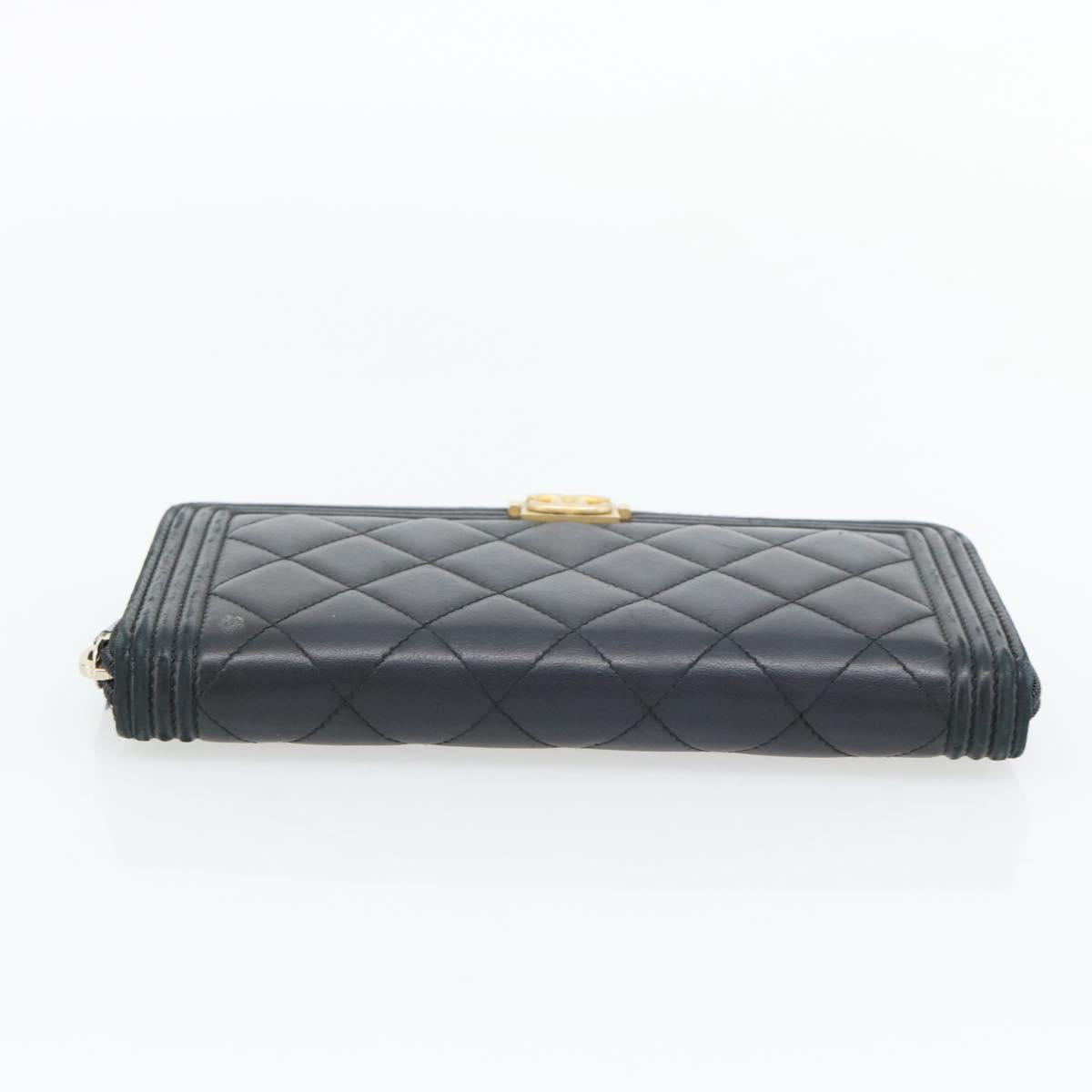 CHANEL Boy Chanel Long Wallet Lamb Skin Black Gold CC Auth 181946V