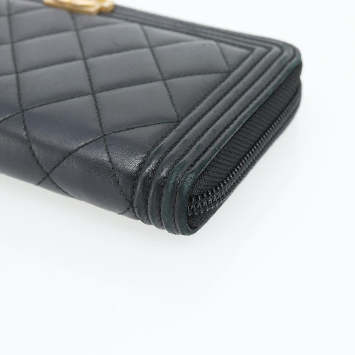 CHANEL Boy Chanel Long Wallet Lamb Skin Black Gold CC Auth 181946V