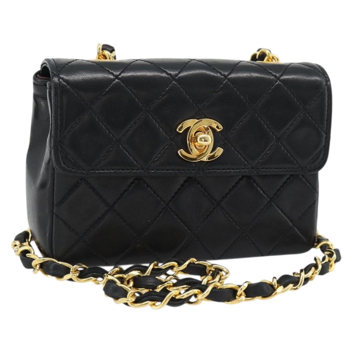 CHANEL Matelasse Chain Shoulder Bag Lamb Skin Black Gold CC Auth 181948V