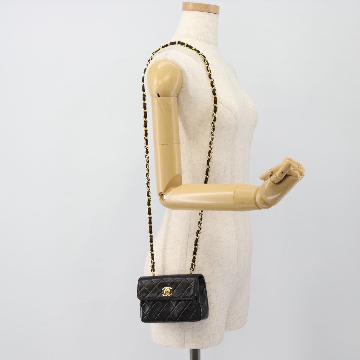 CHANEL Matelasse Chain Shoulder Bag Lamb Skin Black Gold CC Auth 181948V