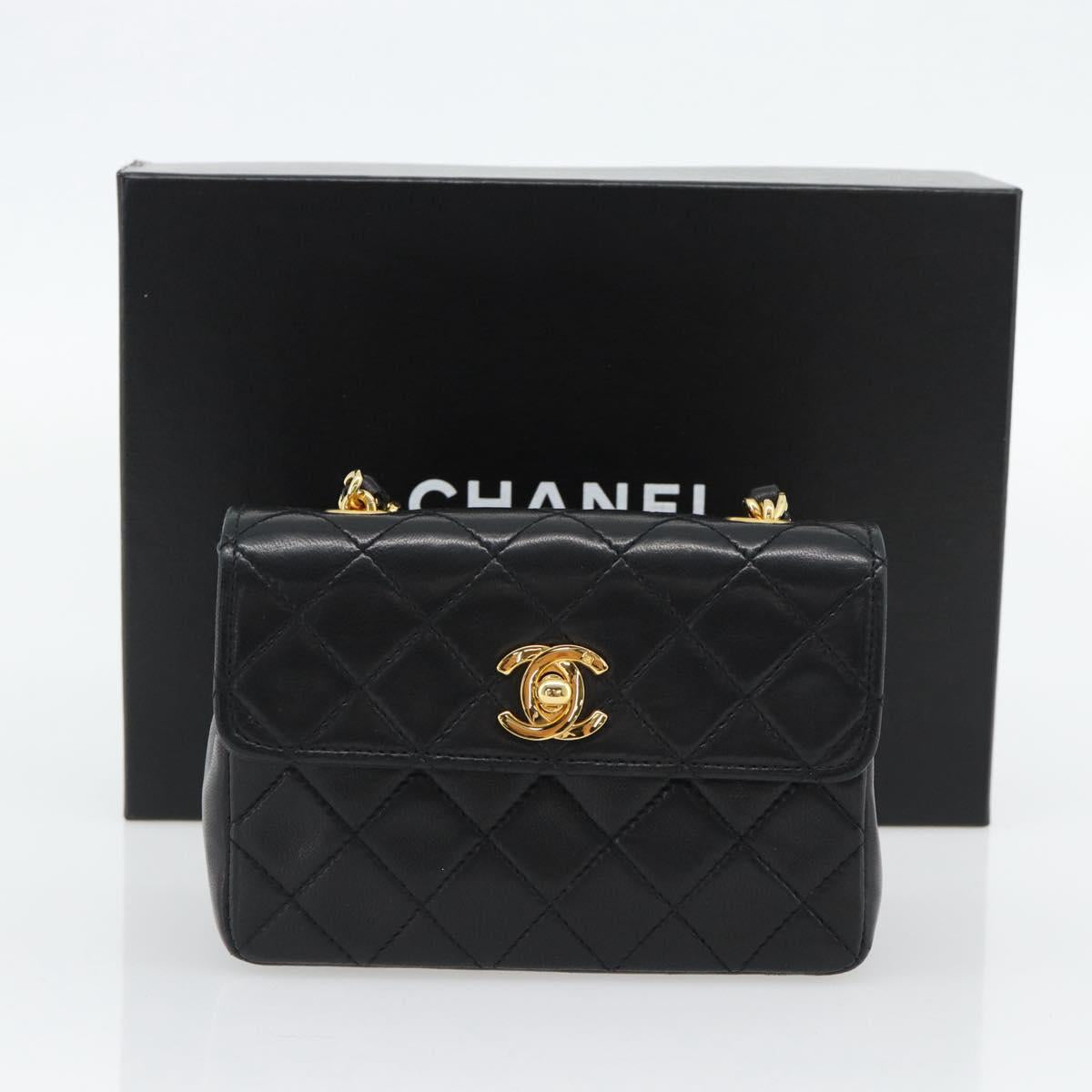 CHANEL Matelasse Chain Shoulder Bag Lamb Skin Black Gold CC Auth 181948V