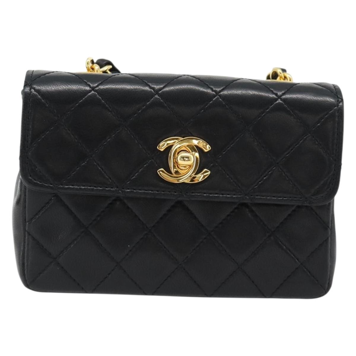 CHANEL Matelasse Chain Shoulder Bag Lamb Skin Black Gold CC Auth 181948V