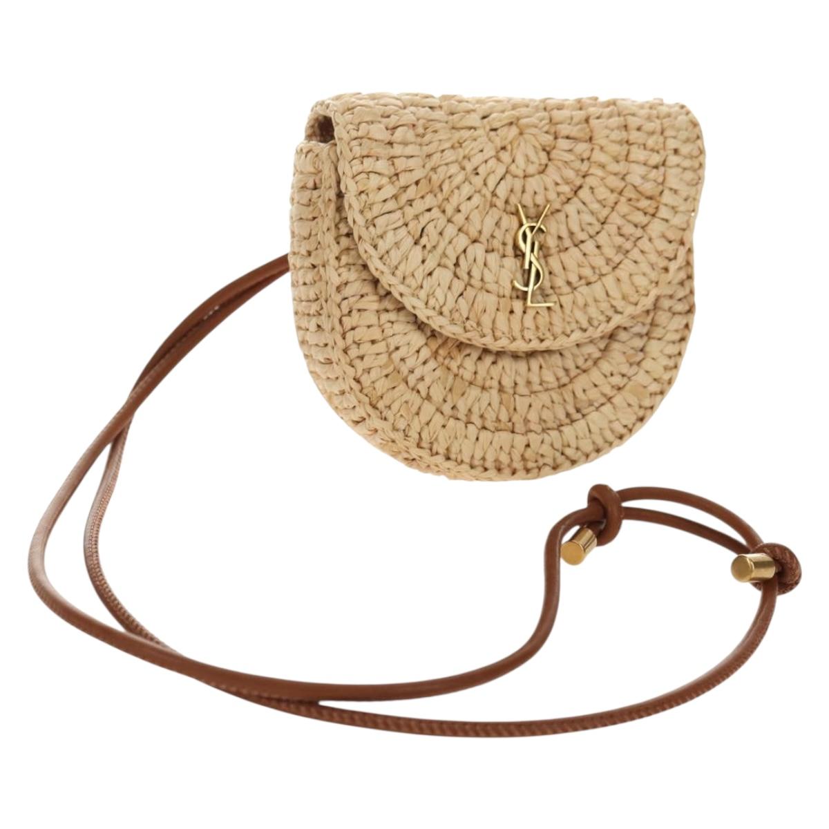 SAINT LAURENT Chain Shoulder Bag Raffia Beige Gold Auth 181954M