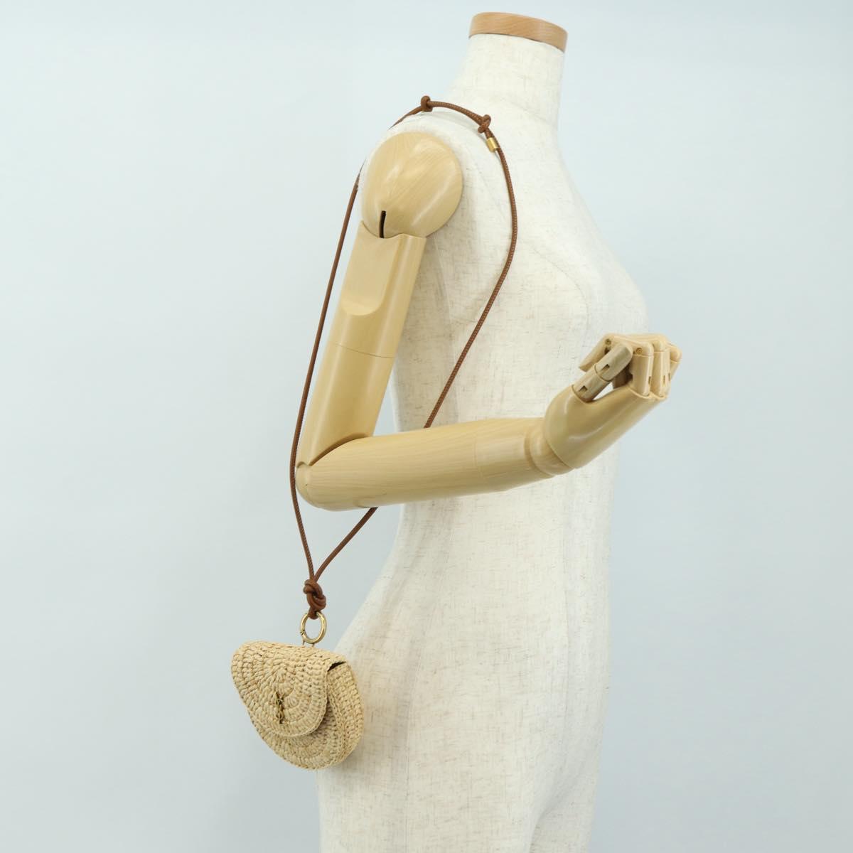 SAINT LAURENT Chain Shoulder Bag Raffia Beige Gold Auth 181954M