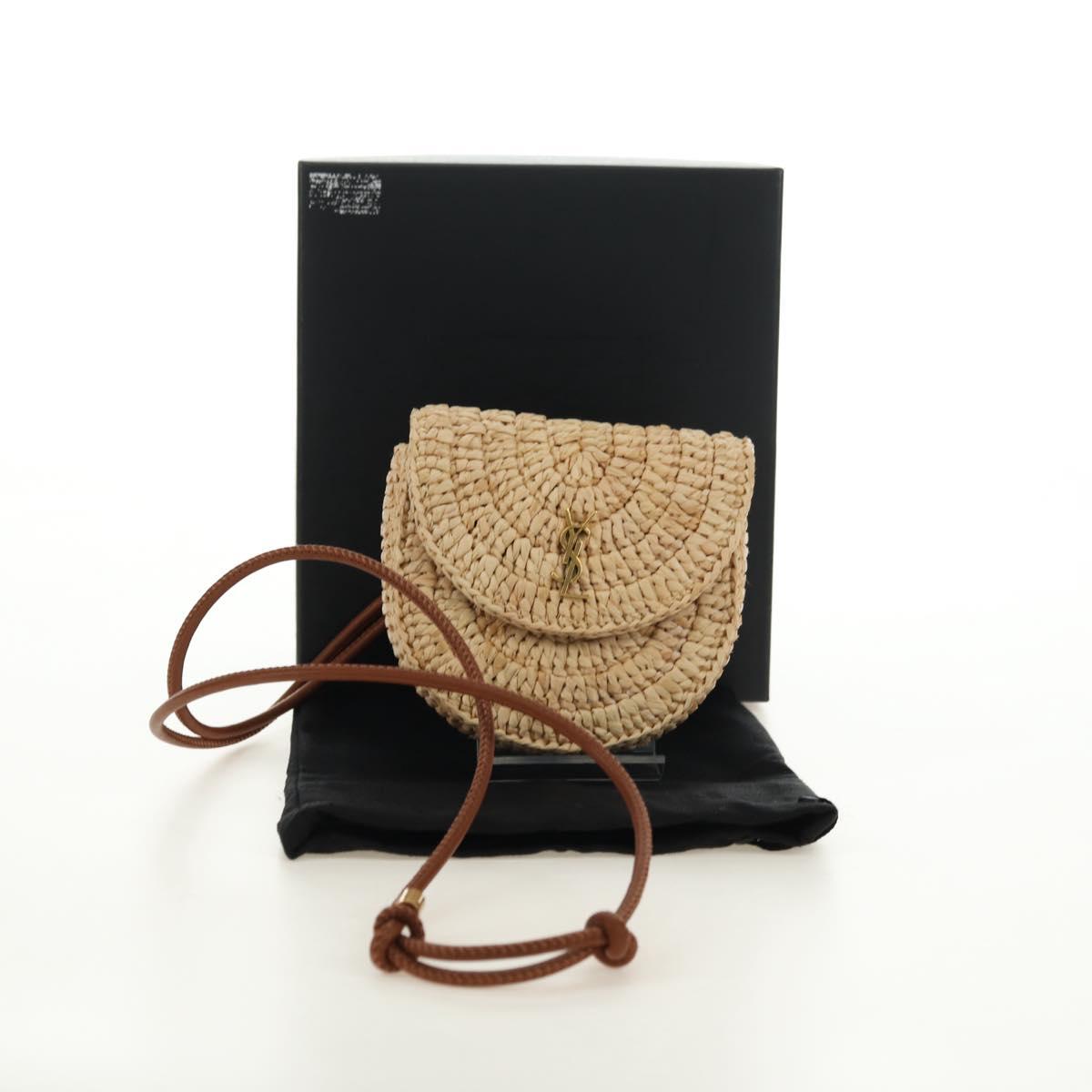 SAINT LAURENT Chain Shoulder Bag Raffia Beige Gold Auth 181954M