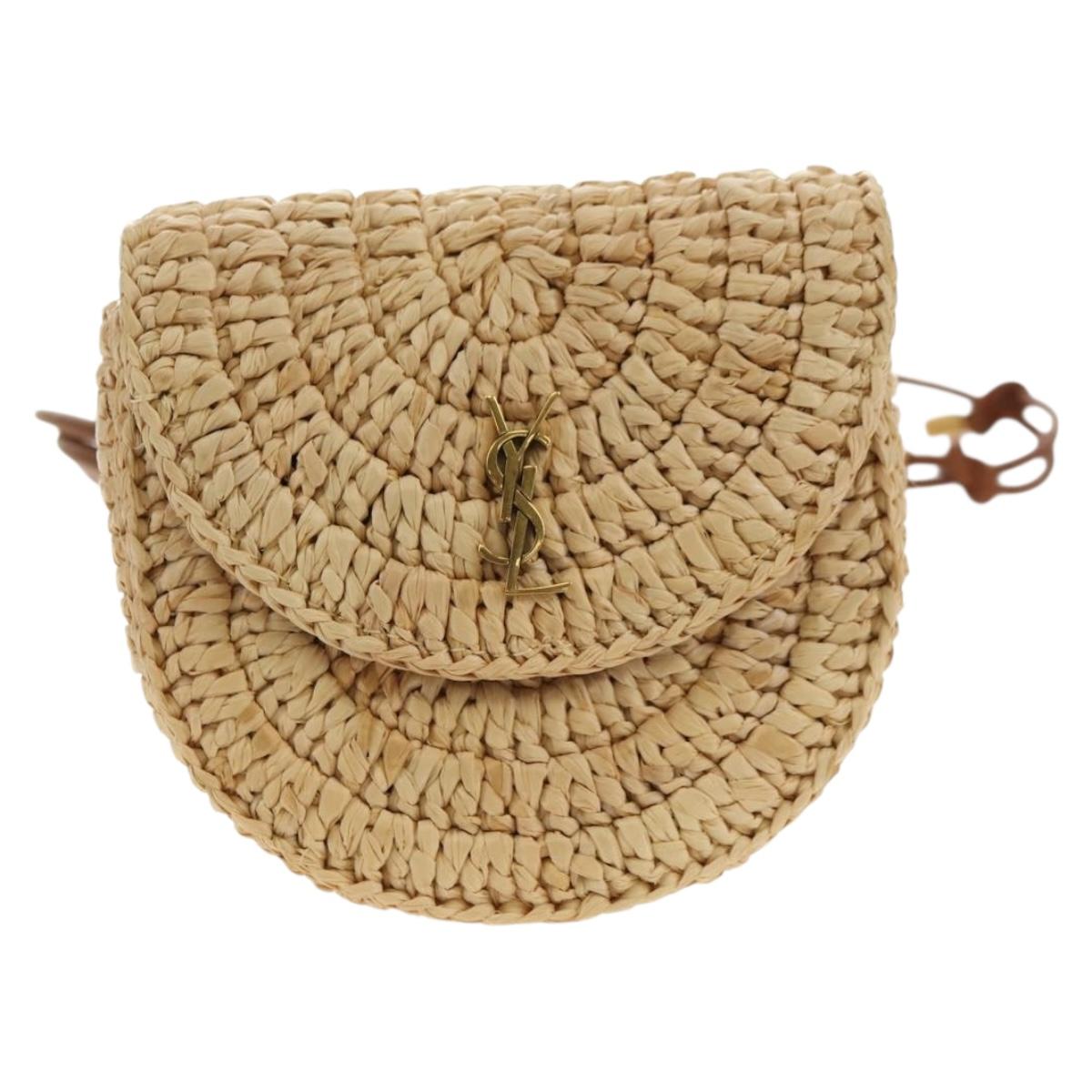 SAINT LAURENT Chain Shoulder Bag Raffia Beige Gold Auth 181954M