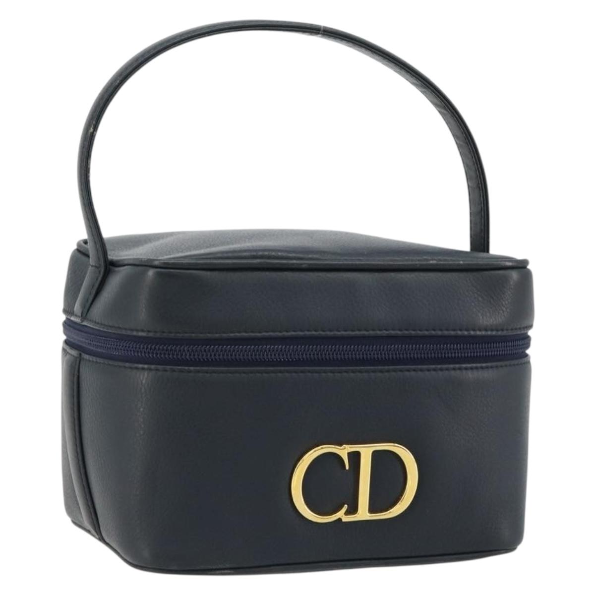 Christian Dior Vanity Hand Bag Leather Navy Gold Auth 182020A