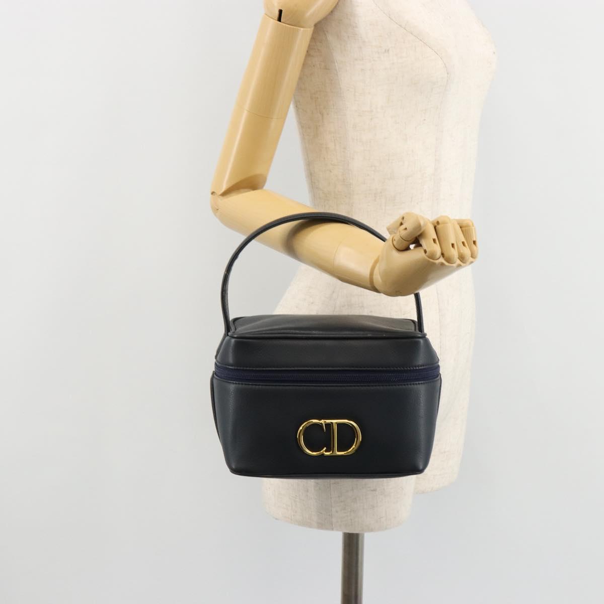 Christian Dior Vanity Hand Bag Leather Navy Gold Auth 182020A