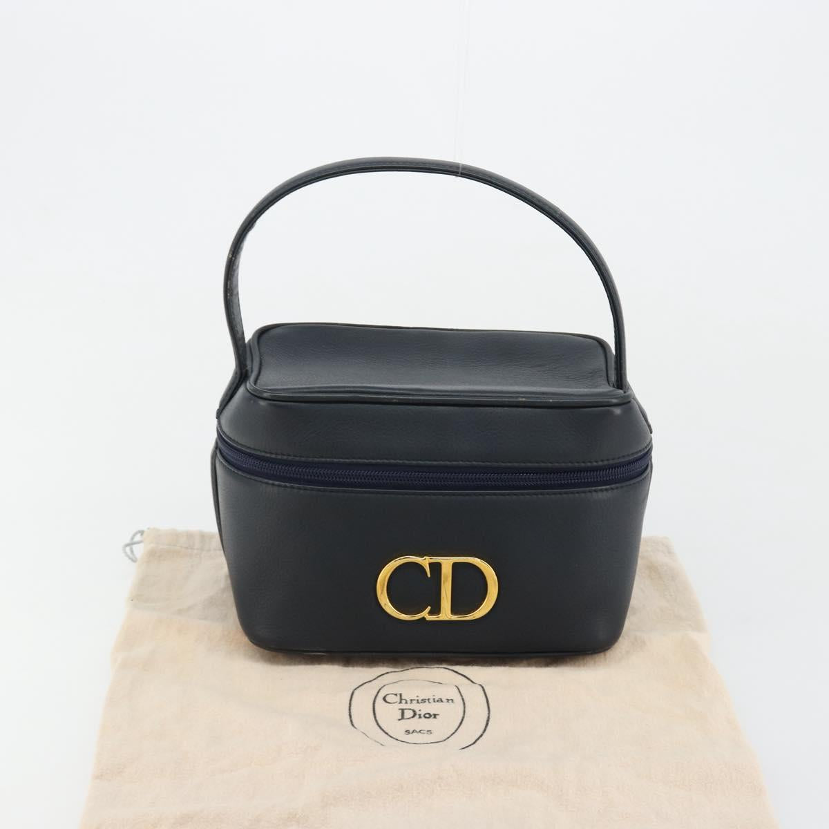 Christian Dior Vanity Hand Bag Leather Navy Gold Auth 182020A