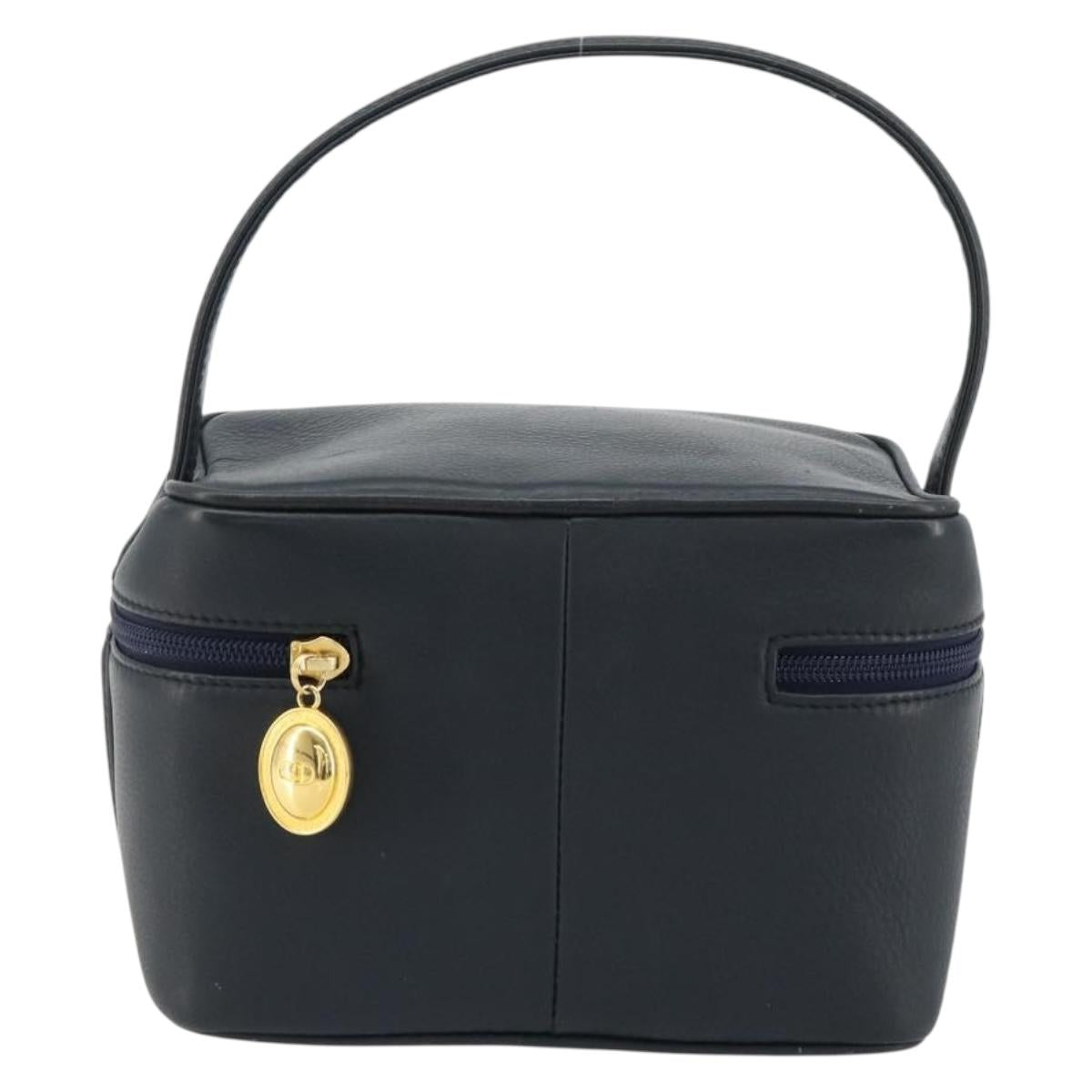 Christian Dior Vanity Hand Bag Leather Navy Gold Auth 182020A