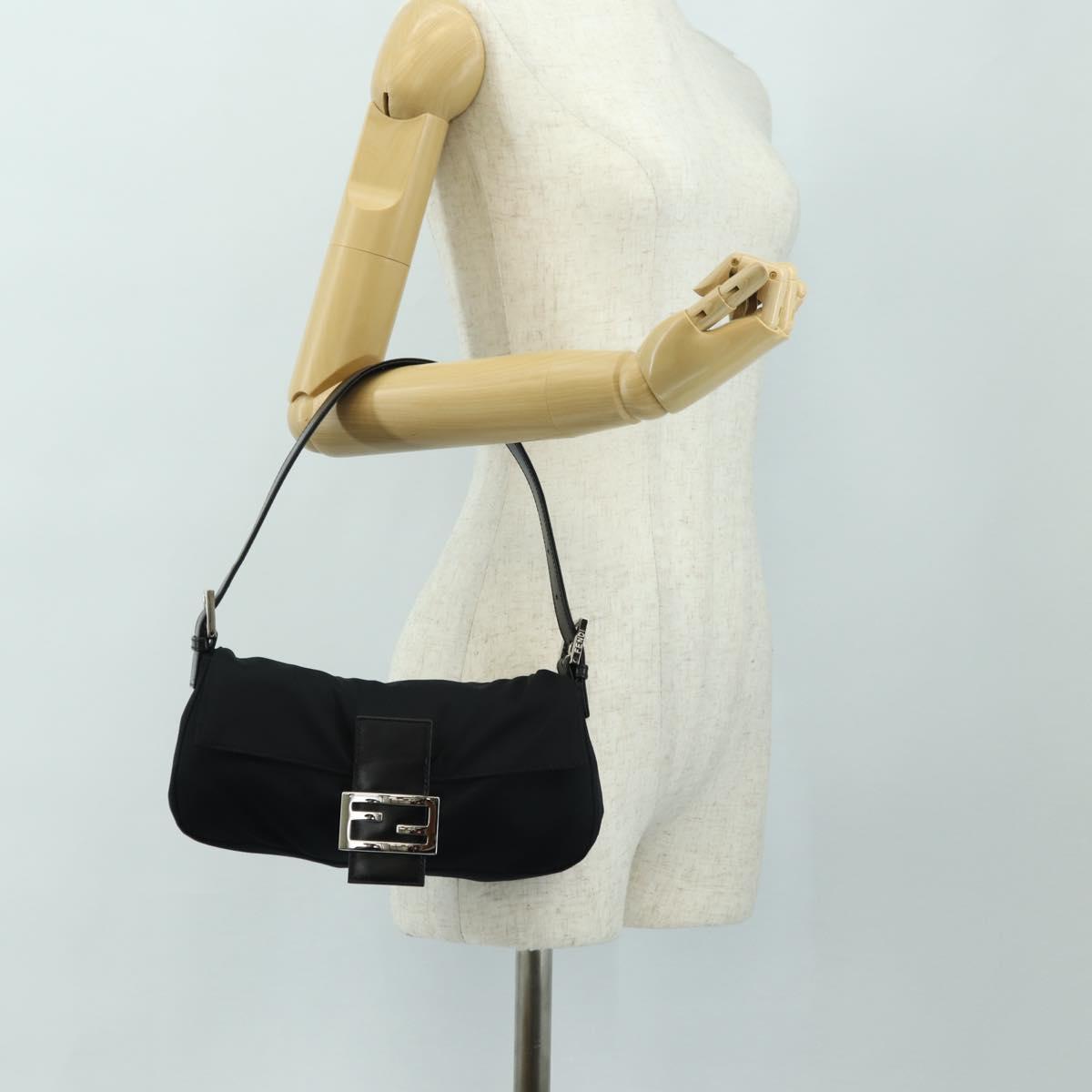 FENDI Mamma Baguette Shoulder Bag Cotton Black Silver Auth 182029SAM