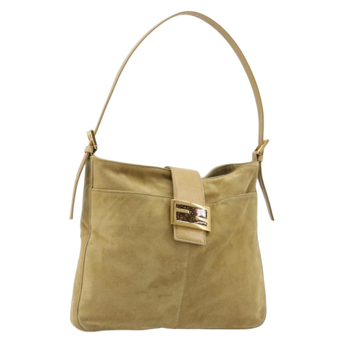 FENDI Mamma Baguette Shoulder Bag Suede Beige Gold Auth 182030V