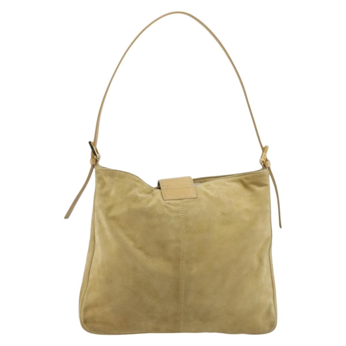 FENDI Mamma Baguette Shoulder Bag Suede Beige Gold Auth 182030V