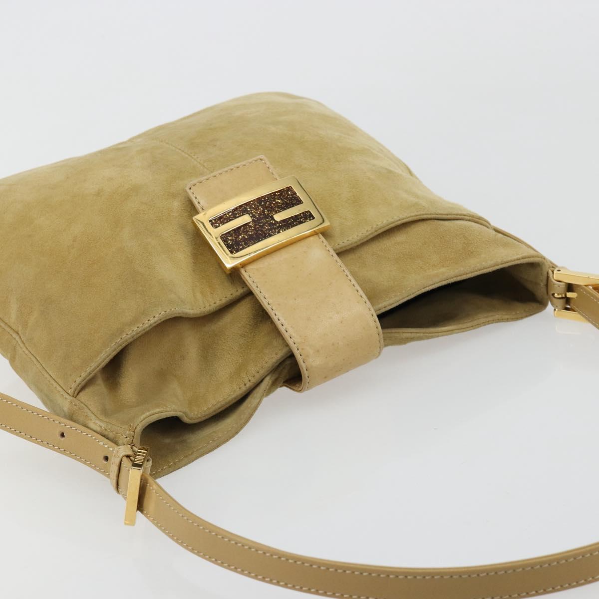 FENDI Mamma Baguette Shoulder Bag Suede Beige Gold Auth 182030V