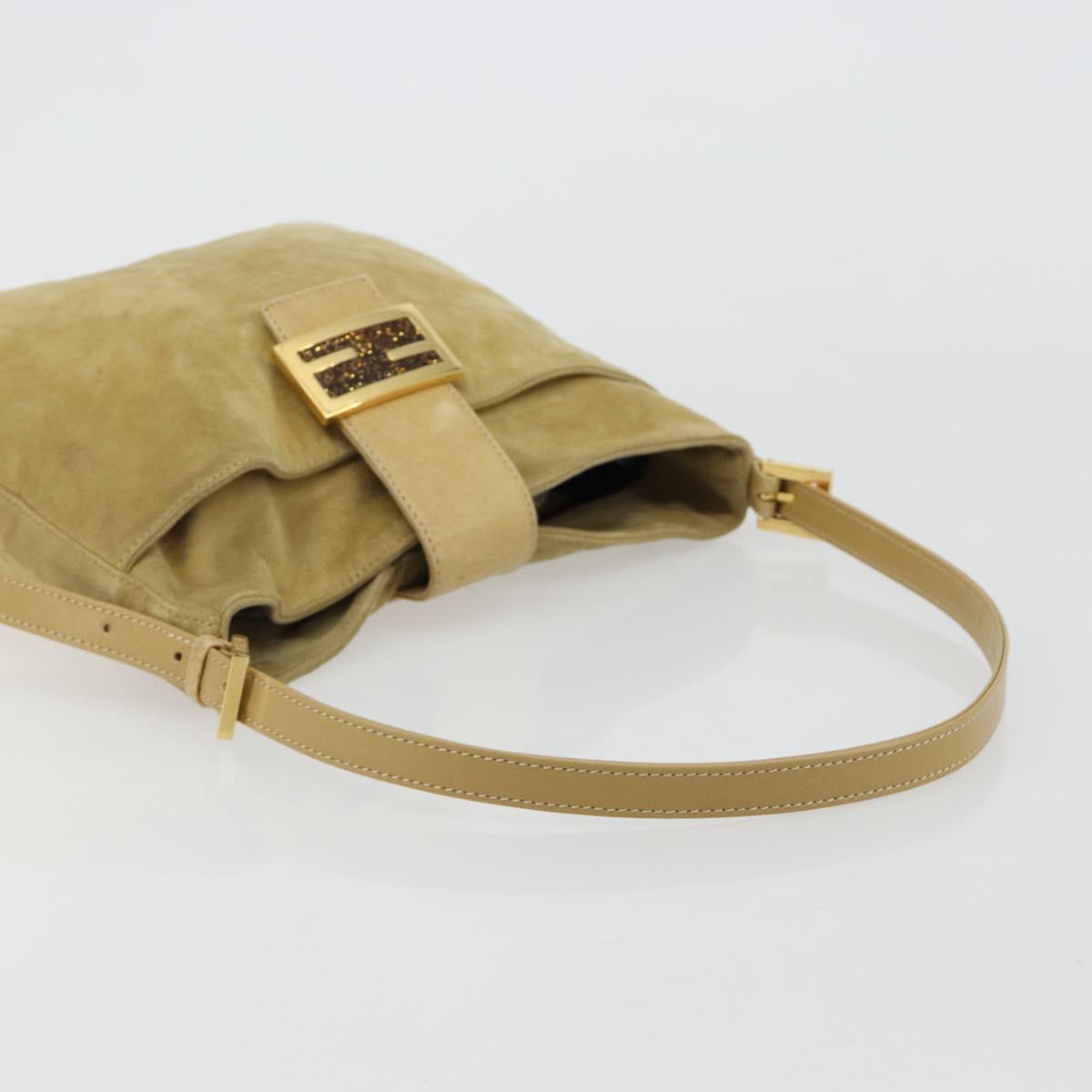 FENDI Mamma Baguette Shoulder Bag Suede Beige Gold Auth 182030V