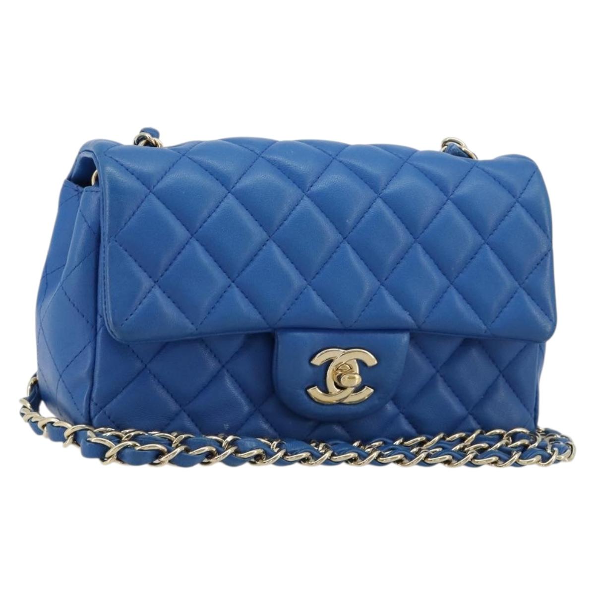 CHANEL Mini Matelasse 19 Chain Bag Lamb Skin Blue Gold CC Auth 182032SAV