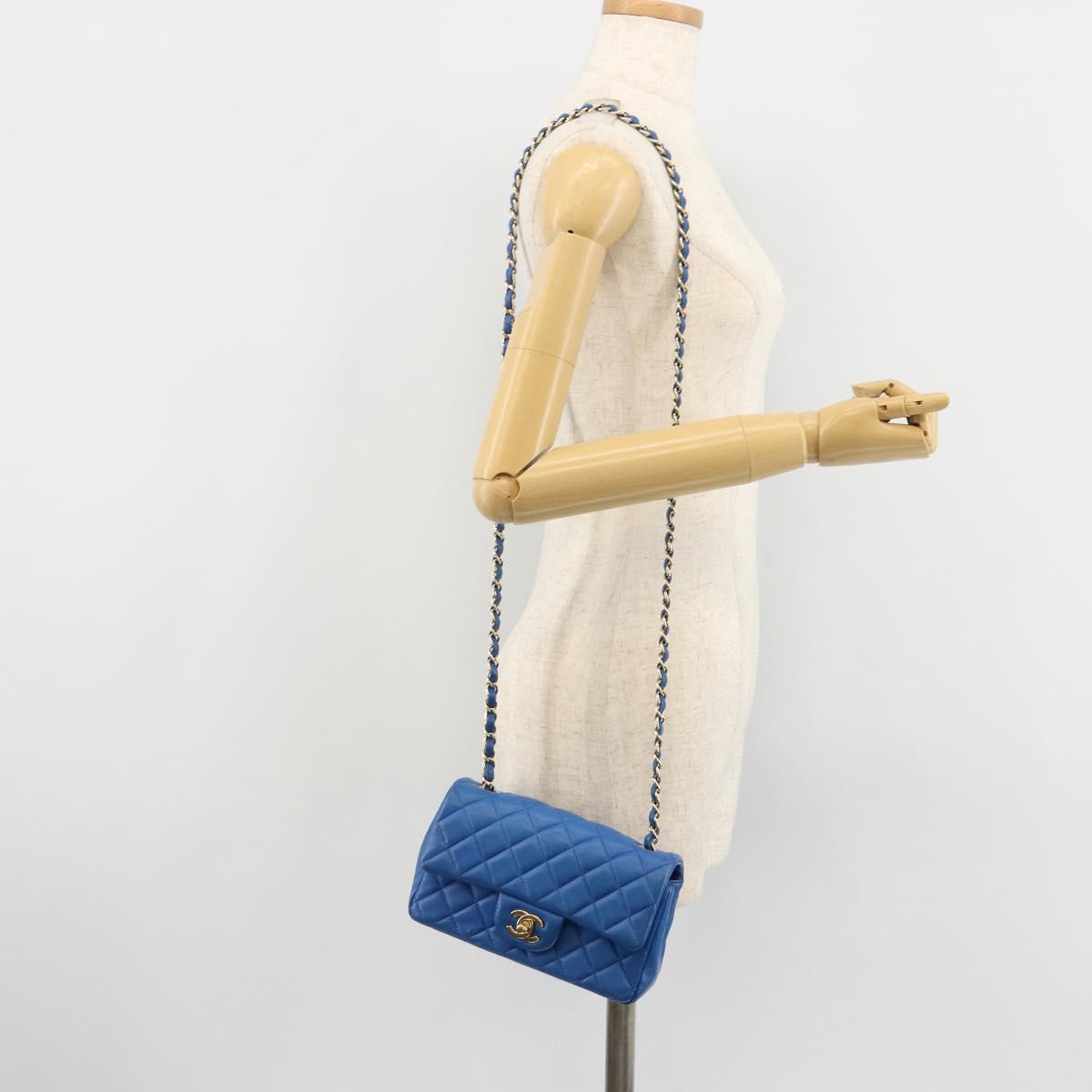 CHANEL Mini Matelasse 19 Chain Bag Lamb Skin Blue Gold CC Auth 182032SAV