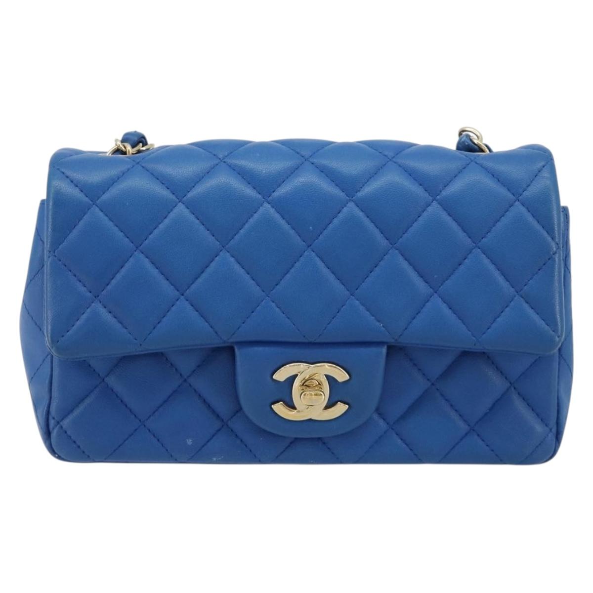 CHANEL Mini Matelasse 19 Chain Bag Lamb Skin Blue Gold CC Auth 182032SAV