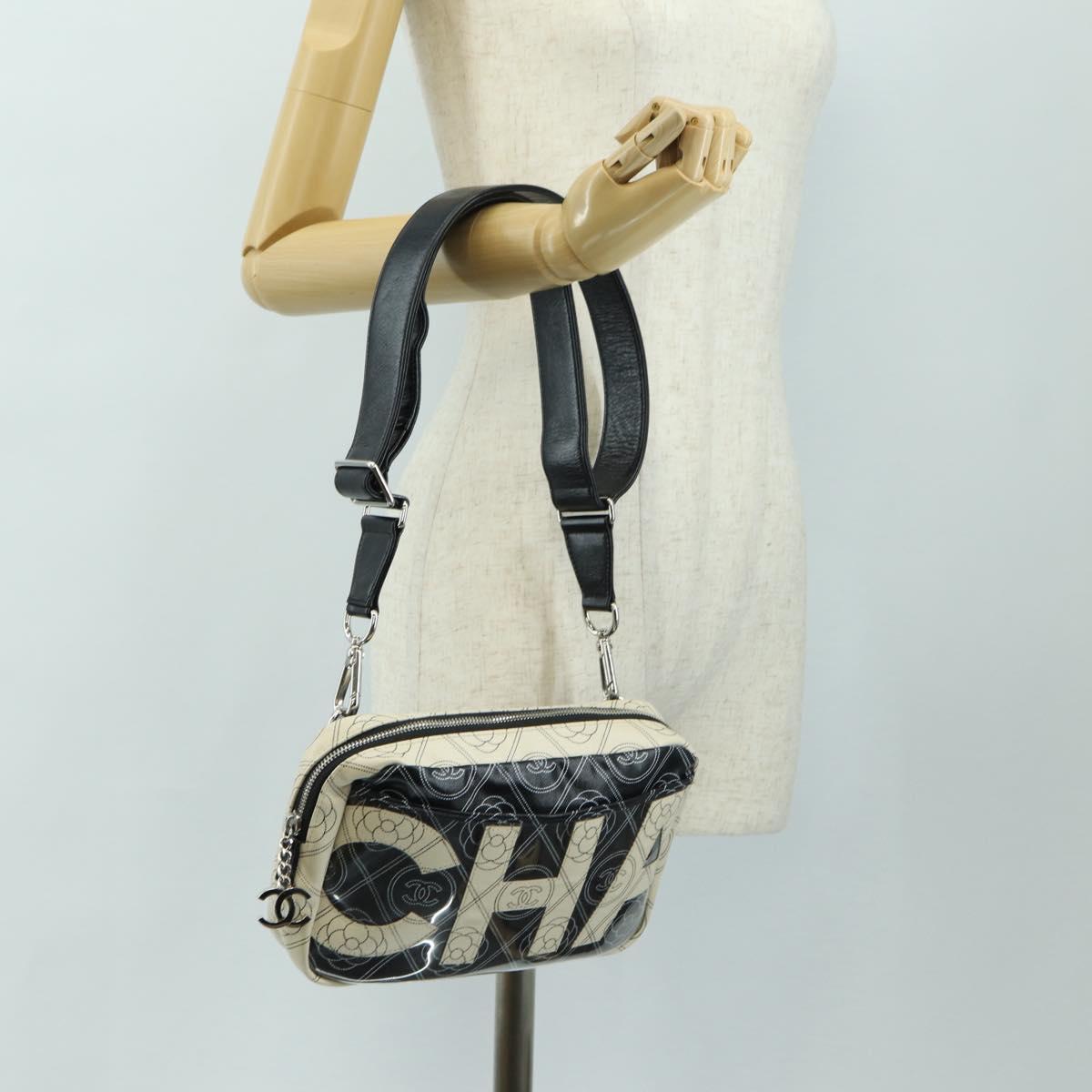 CHANEL Camelia Shoulder Bag Coated Canvas White Black CC Auth 182034SAV