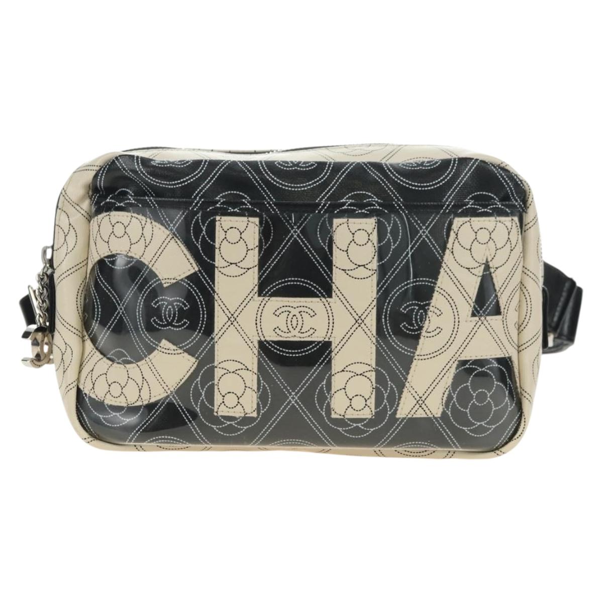 CHANEL Camelia Shoulder Bag Coated Canvas White Black CC Auth 182034SAV