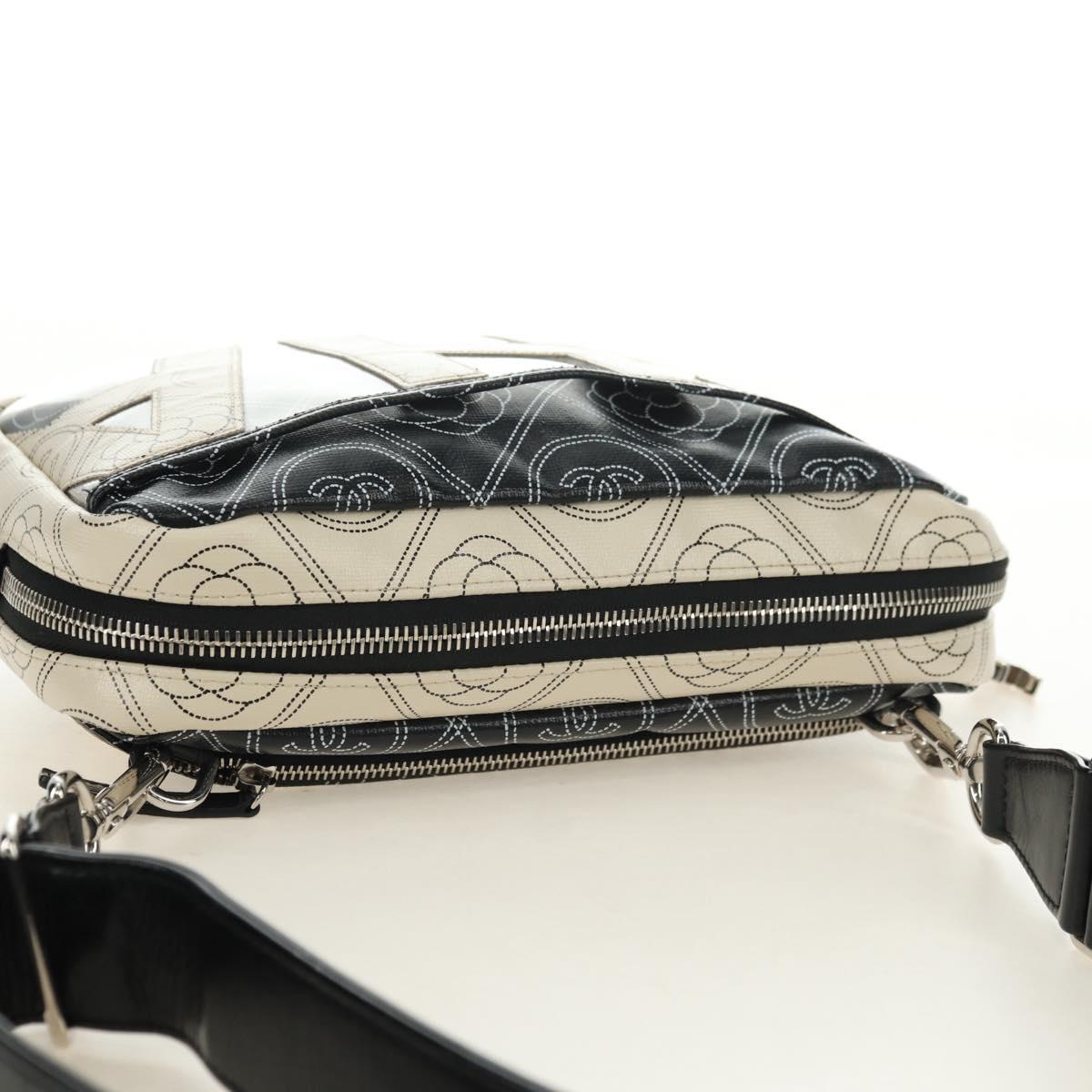 CHANEL Camelia Shoulder Bag Coated Canvas White Black CC Auth 182034SAV