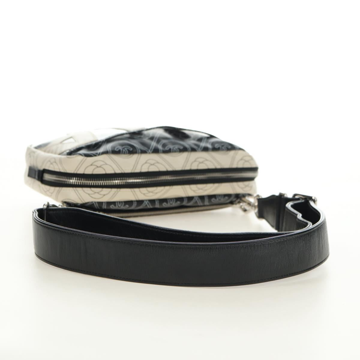 CHANEL Camelia Shoulder Bag Coated Canvas White Black CC Auth 182034SAV