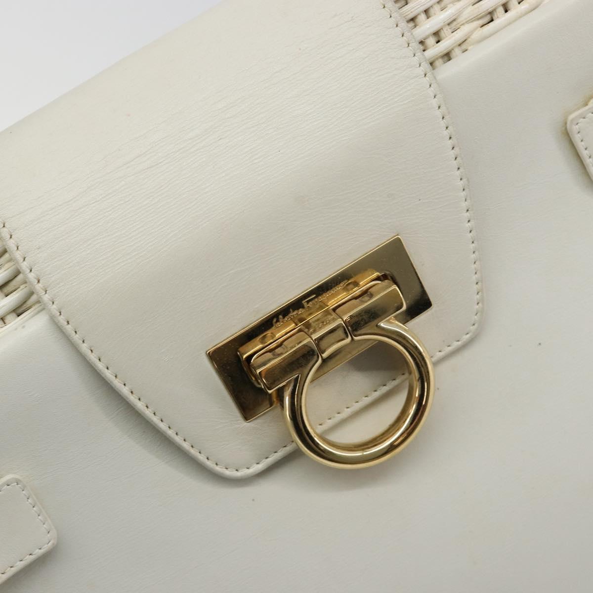Salvatore Ferragamo Gancini Hand Bag Rattan White Gold Auth 182039A