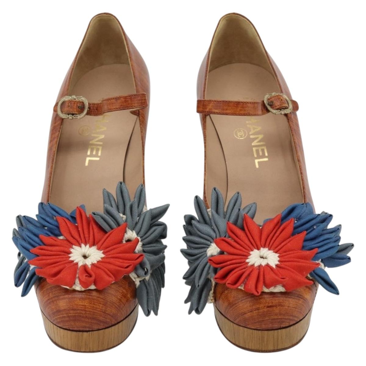CHANEL Pumps Leather 38 1/2 Brown CC Auth 182044V