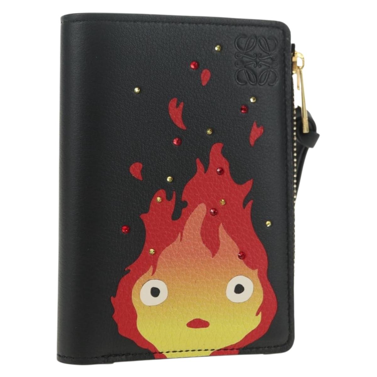 LOEWE Ghibli Collaboration Compact Wallet Leather Black Gold Auth 182050SM
