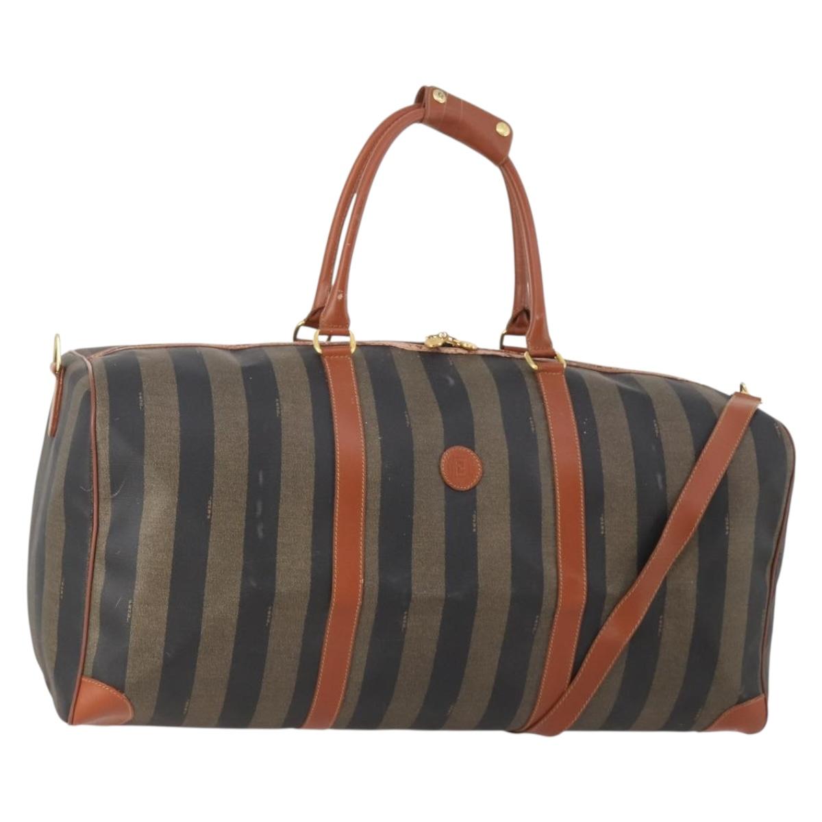 FENDI Pecan Canvas Boston Bag PVC 2way Black Brown Auth 182068