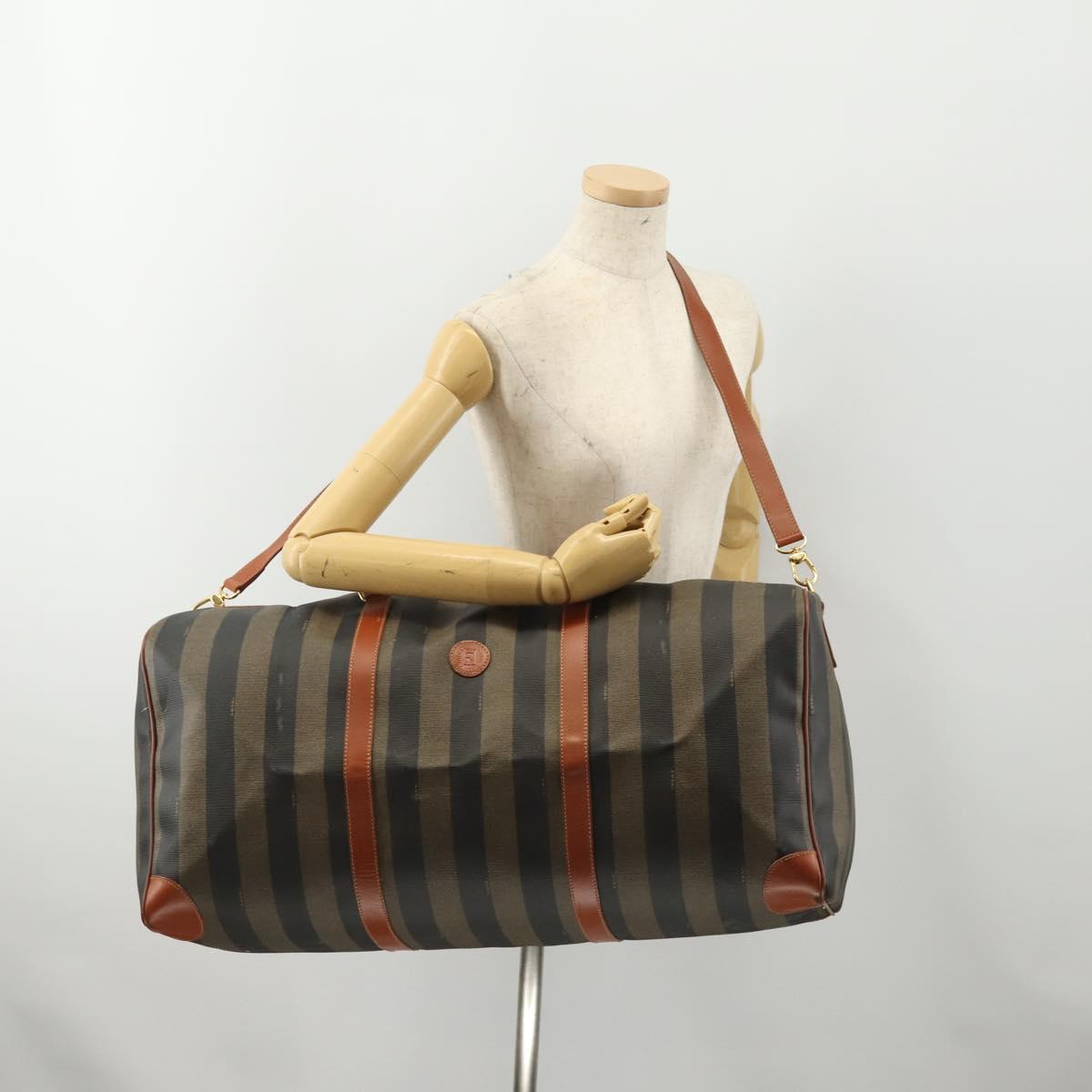 FENDI Pecan Canvas Boston Bag PVC 2way Black Brown Auth 182068