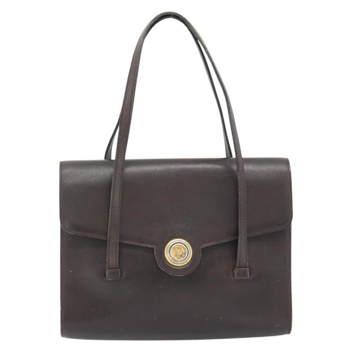 Christian Dior Hand Bag Leather Brown Gold Auth 182077