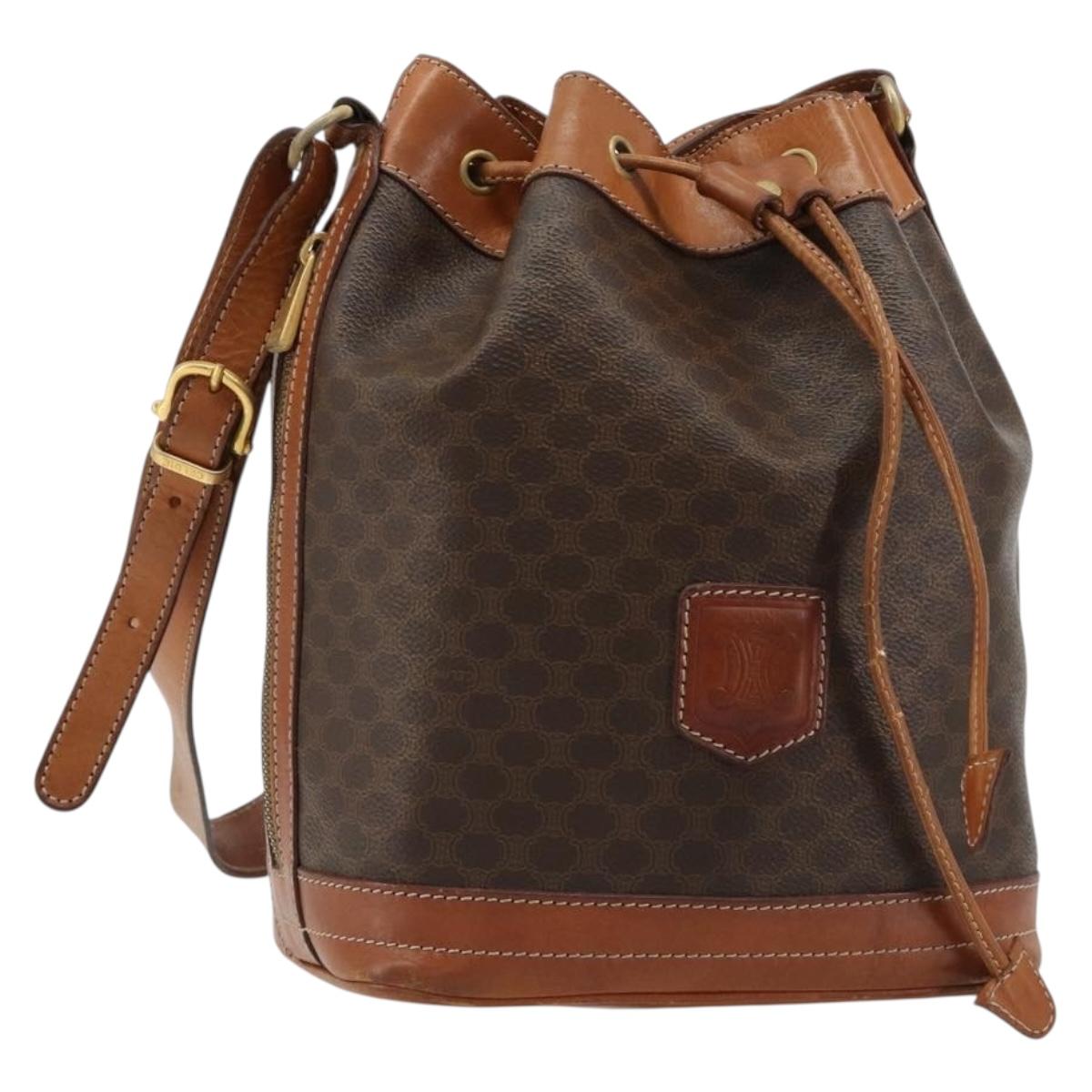 CELINE Macadam Canvas Purse Shoulder Bag PVC Leather Brown Gold Auth 182082