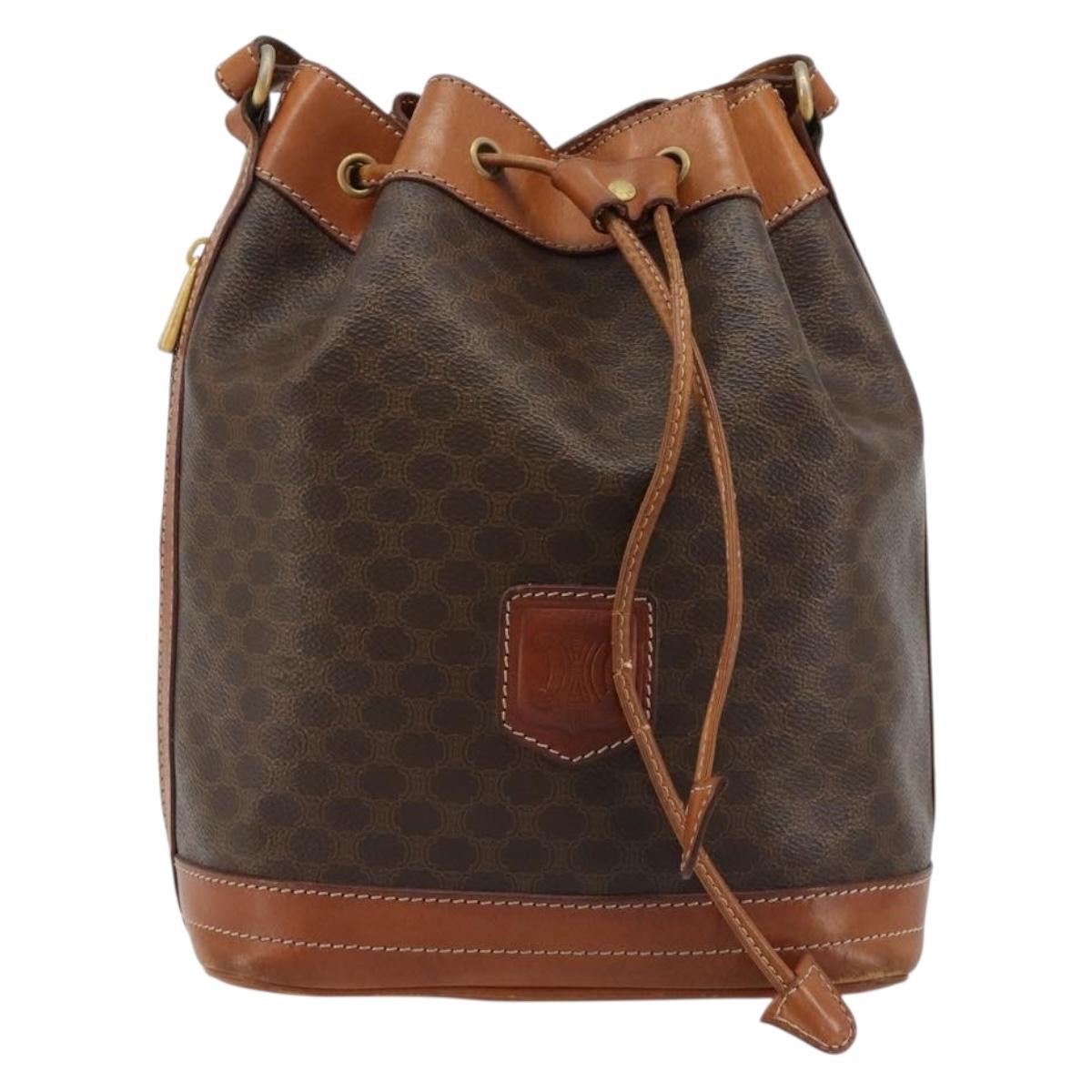 CELINE Macadam Canvas Purse Shoulder Bag PVC Leather Brown Gold Auth 182082