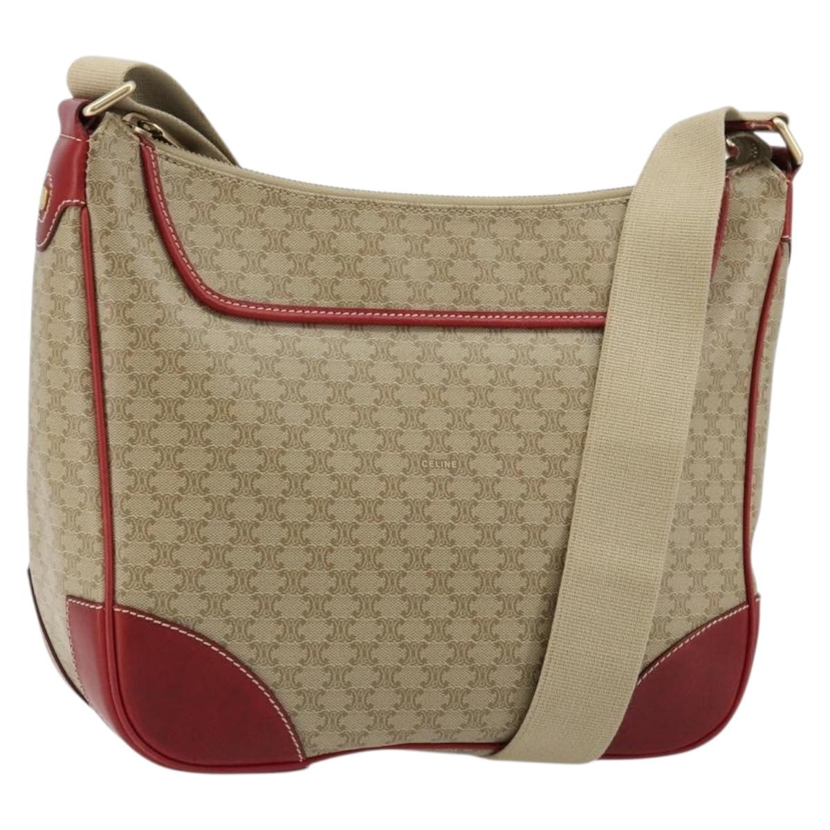 CELINE Macadam Canvas Shoulder Bag PVC Leather Beige Gold Auth 182083