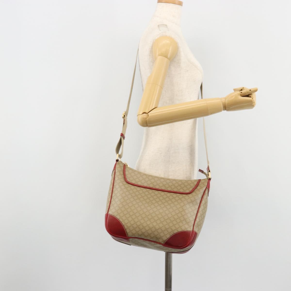 CELINE Macadam Canvas Shoulder Bag PVC Leather Beige Gold Auth 182083