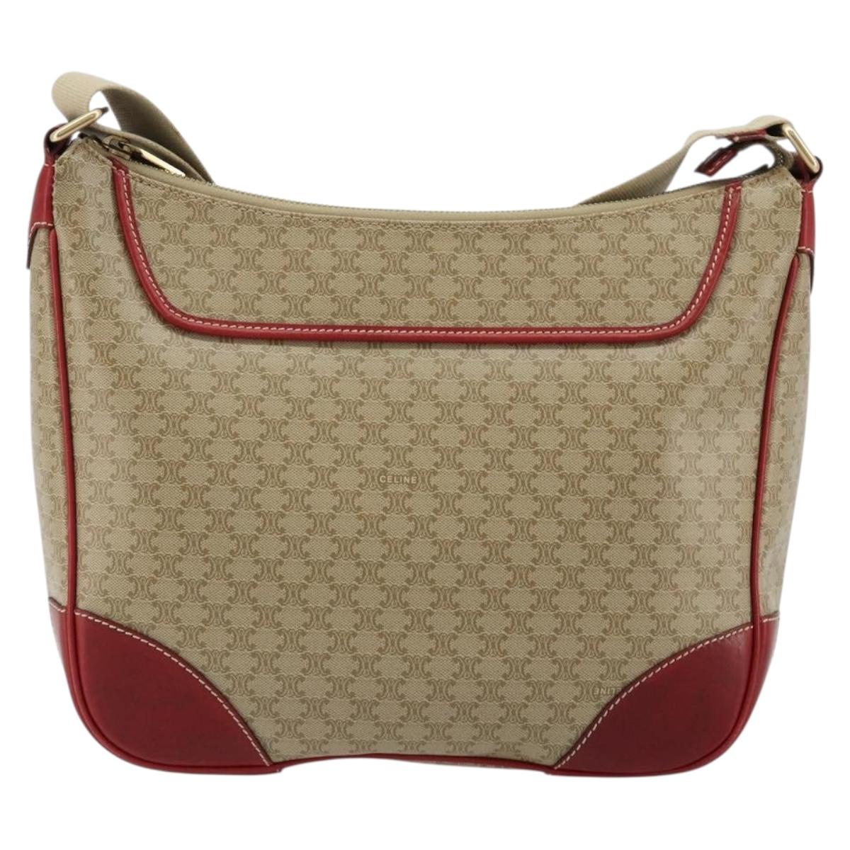 CELINE Macadam Canvas Shoulder Bag PVC Leather Beige Gold Auth 182083
