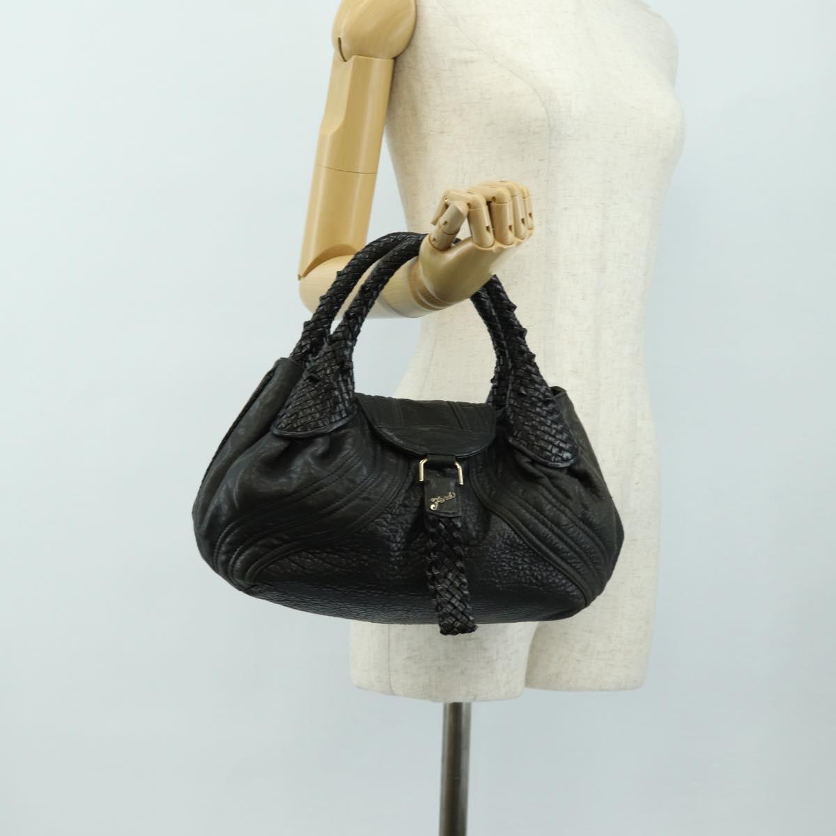 FENDI Spy bag Hand Bag Leather Black Gold Auth 182093V