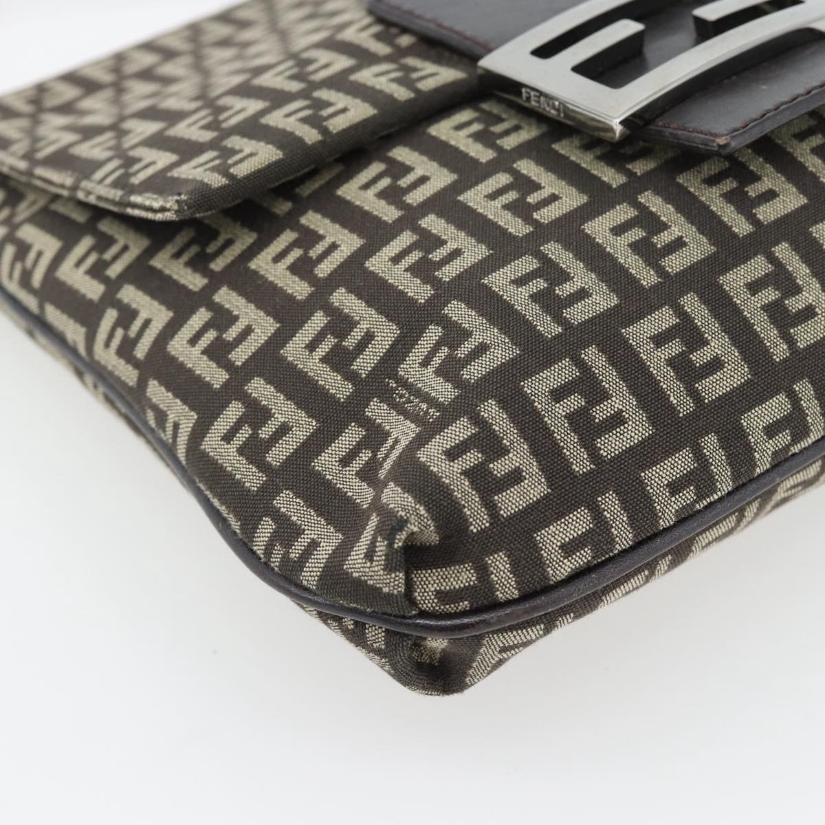FENDI Zucchino Canvas Mamma Baguette Shoulder Bag Dark Brown Silver Auth 182097A