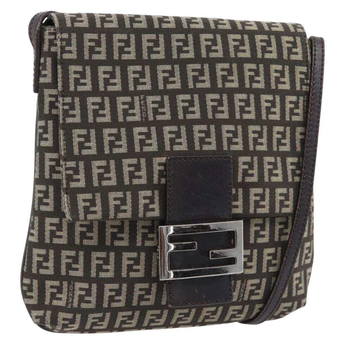 FENDI Zucchino Canvas Mamma Baguette Shoulder Bag Dark Brown Silver Auth 182097A