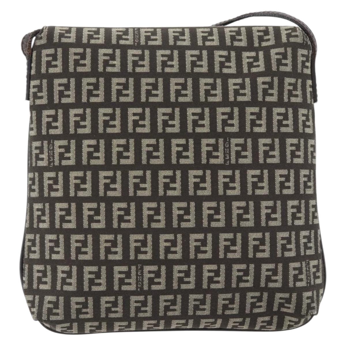 FENDI Zucchino Canvas Mamma Baguette Shoulder Bag Dark Brown Silver Auth 182097A