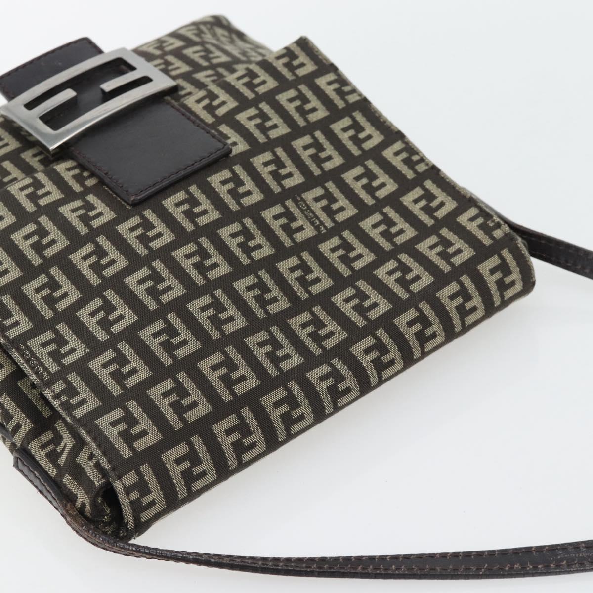 FENDI Zucchino Canvas Mamma Baguette Shoulder Bag Dark Brown Silver Auth 182097A
