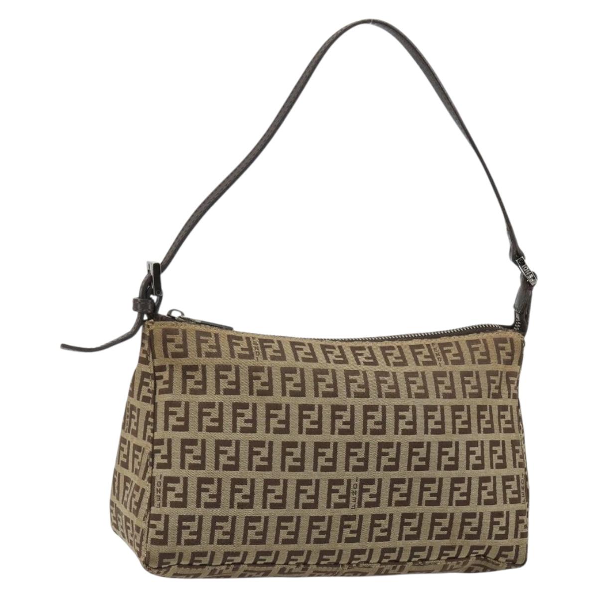FENDI Zucchino Canvas Shoulder Bag Beige Silver Auth 182099
