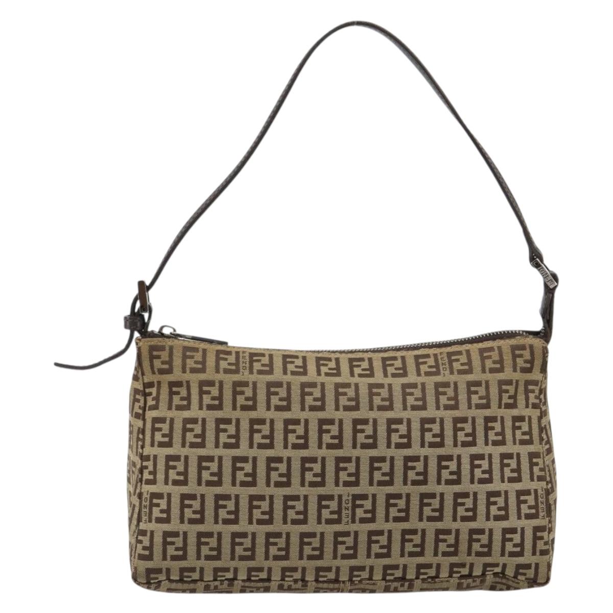 FENDI Zucchino Canvas Shoulder Bag Beige Silver Auth 182099