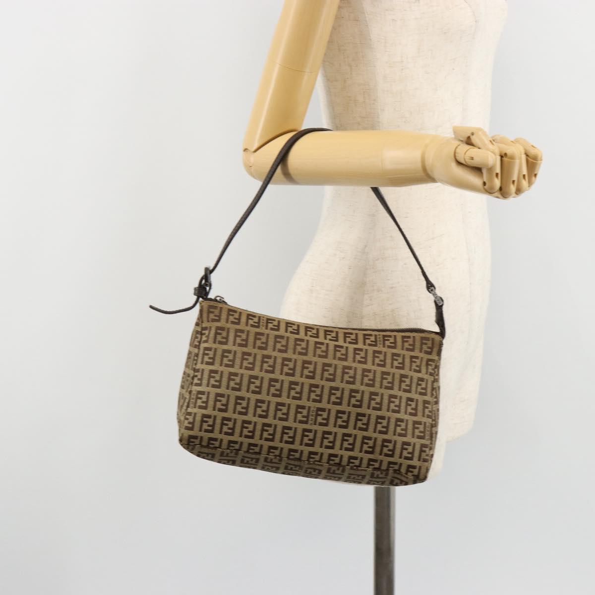 FENDI Zucchino Canvas Shoulder Bag Beige Silver Auth 182099